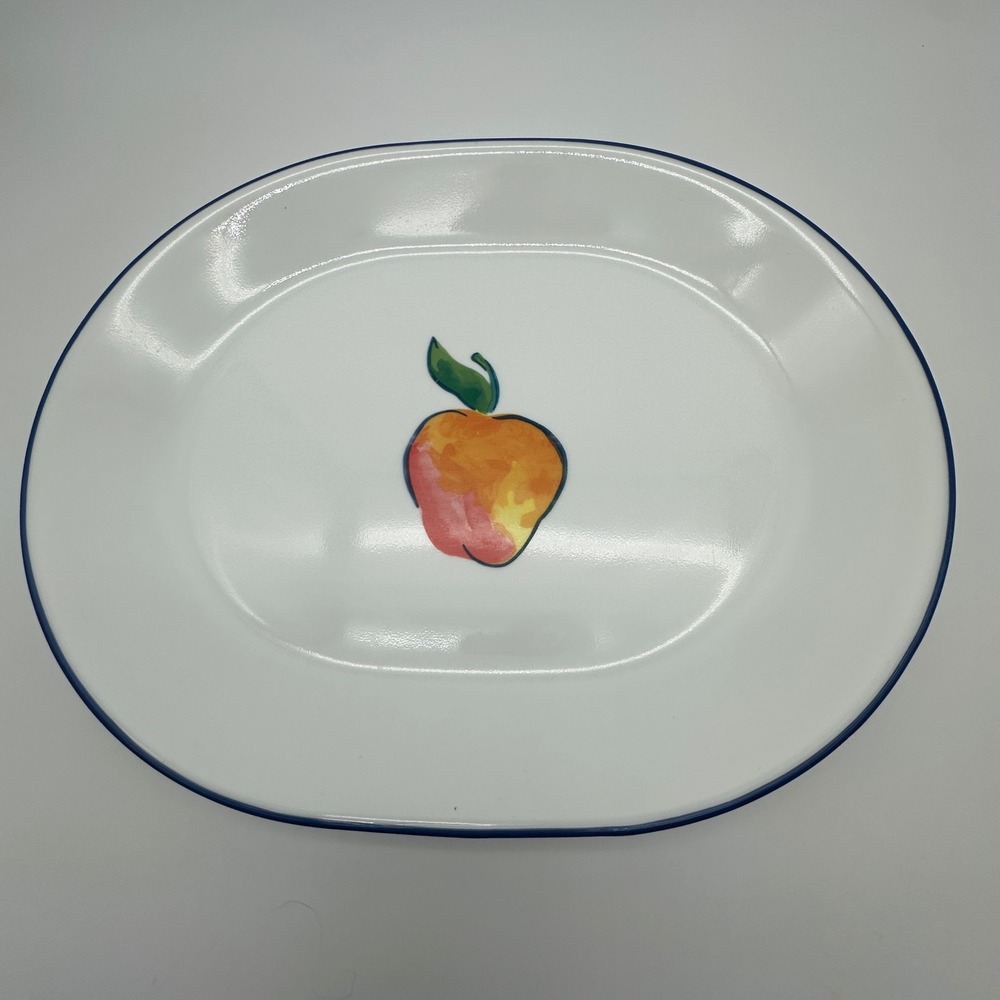 Corelle Fruit Basket Serving Platter 12 inch Oval Blue Rim Peach Apple Vitrelle